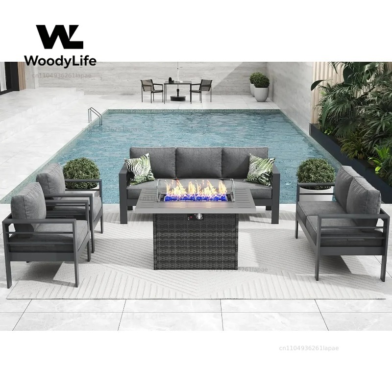 Outdoor Furniture And Fire Pit - L5-delige moderne aluminium tuinmeubelenset met vuurtafel,
