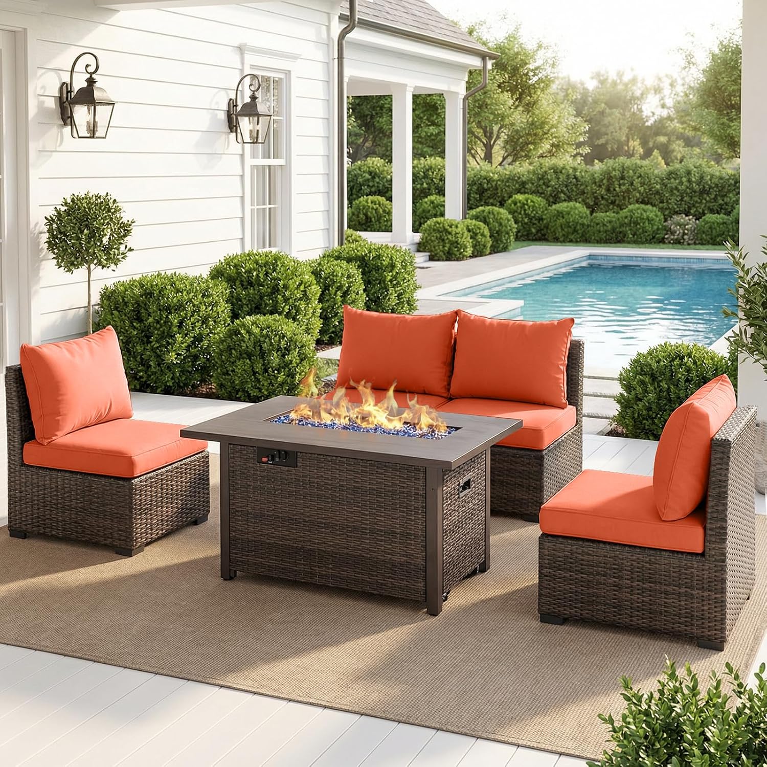 Outdoor Furniture With Fire Pit Table - Tuinmeubelset met vuurtafel, buitenhoekbank van rotan