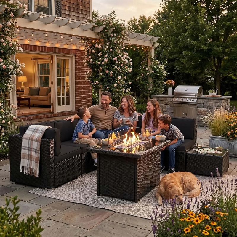 Outdoor Furniture With Fire Pit Table - 8-delige patio wicker sectionele bankset met