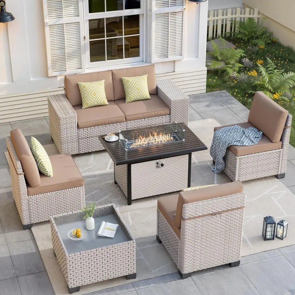 Outdoor Furniture With Fire Pit Table - 7-delige tuinmeubelset met vuurput, hoekbank met