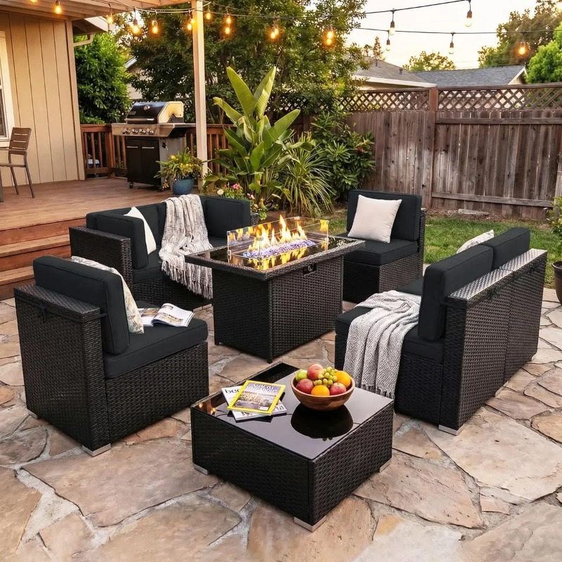 8-delige patio wicker sectione - Outdoor Furniture With Fire Pit Table recensie en prijs