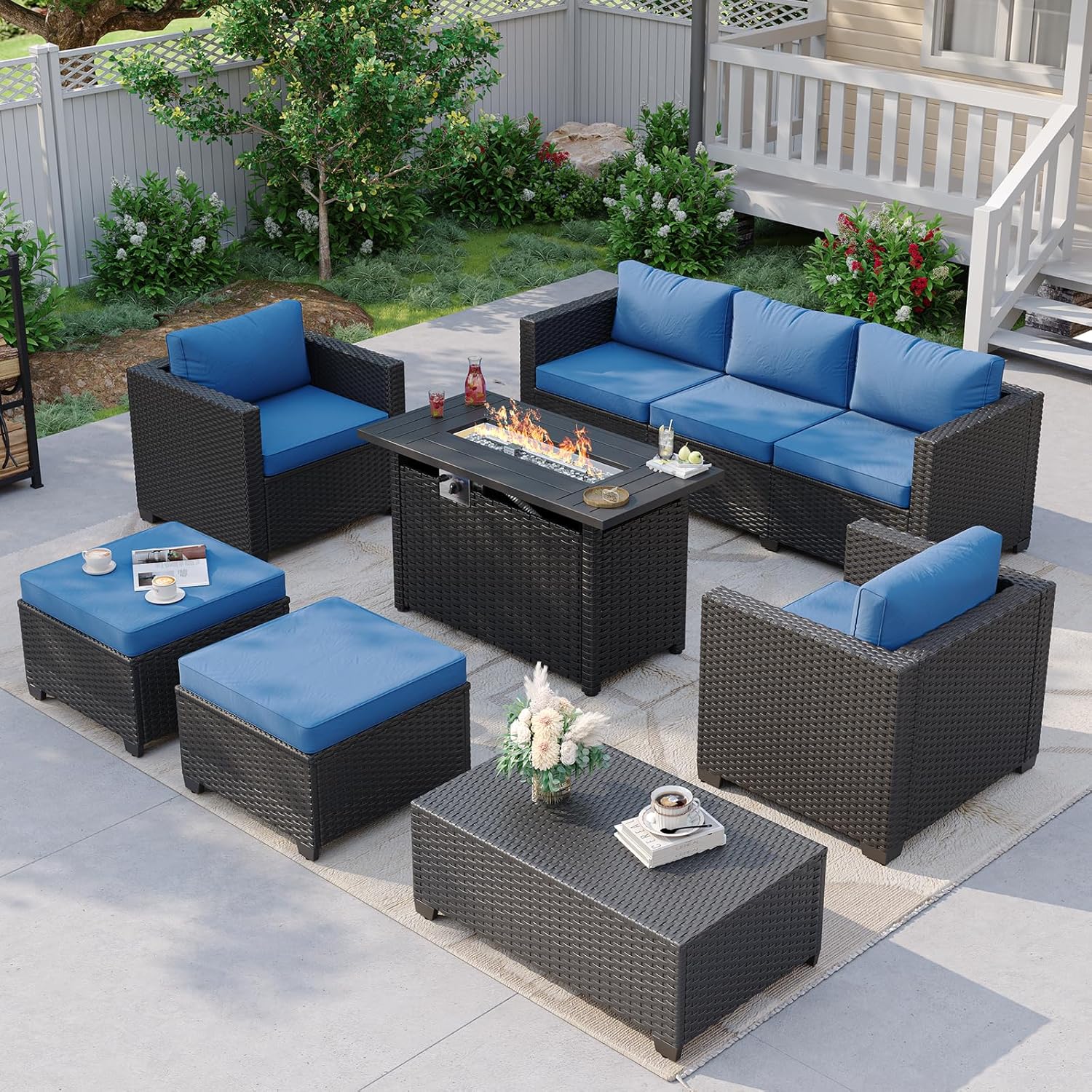 Navyblauwe buitenbank met vuur - Outdoor Furniture With Fire Pit Table recensie en prijs